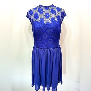 Royal Blue Sheer Lace Yoke Sweetheart Neckline Sheer Overlay Dress Made in USA